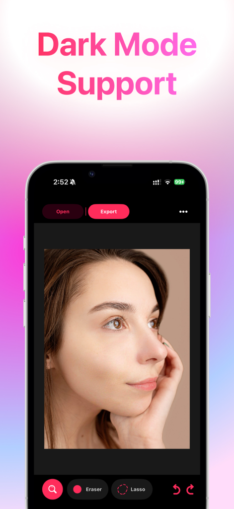 지우개 및 올가미와 같은 편집 도구와 함께 인물 사진이 표시된 Blemish Remover 앱의 다크 모드를 보여주는 스마트폰 화면
