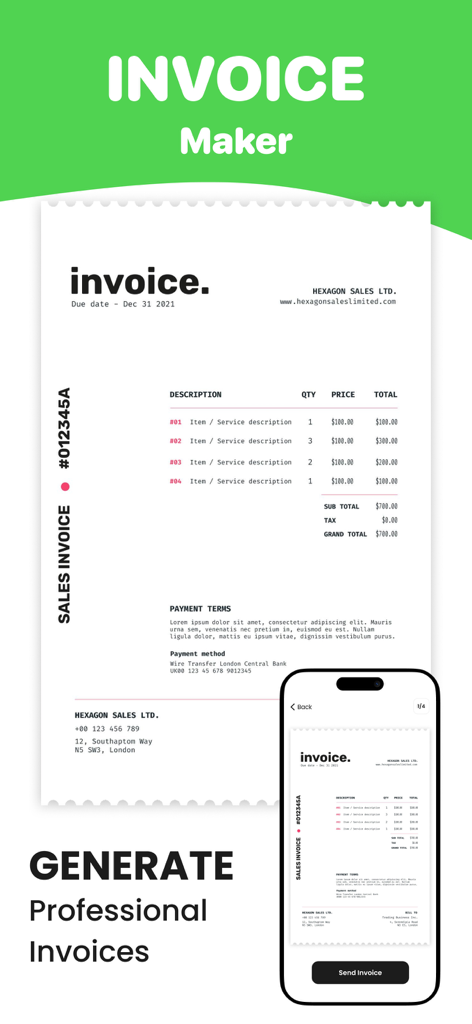 Invoice Maker - Simple Bills - A professional invoice template shown on an iPhone screen and as a printed document