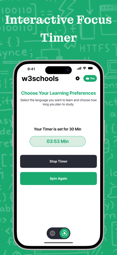 La pantalla del temporizador de enfoque interactivo en la aplicación W3School que muestra una cuenta regresiva de sesión de estudio para estudiantes de programación.