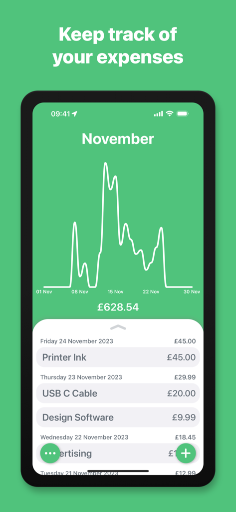 Dashboard der Geschäftsausgaben-App mit einem Graphen für monatliche Ausgabentrends und einer Liste kategorisierter Ausgaben