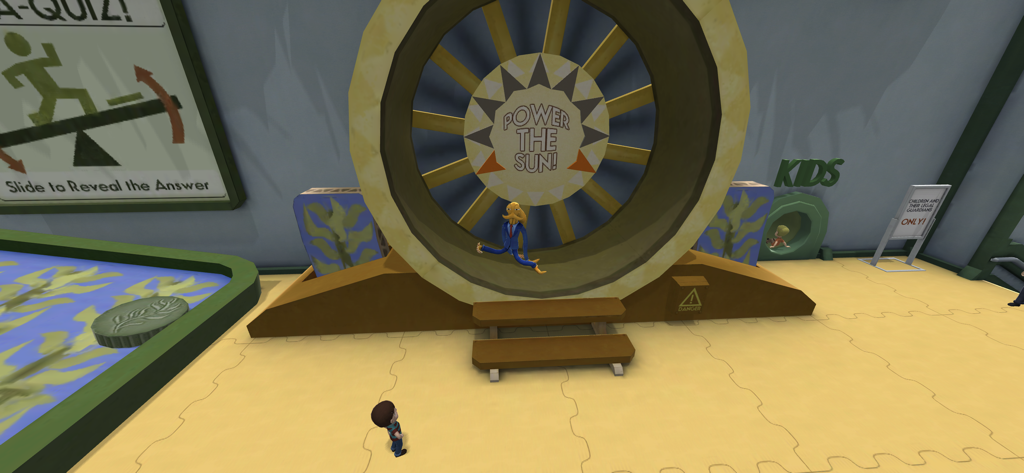 Octodad correndo dentro de uma grande exibição circular Power the Sun em um museu