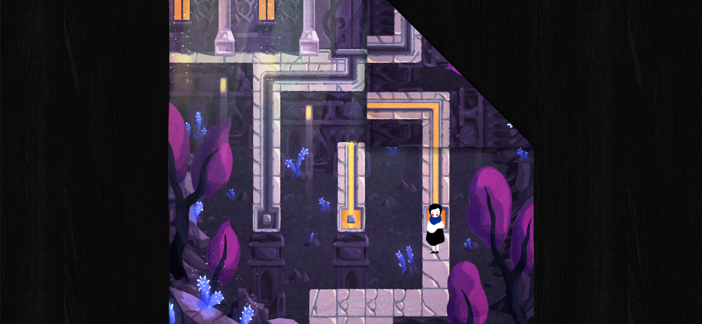 Gameplay of Paper Trail NETFLIX showing the character Paige navigating a dark forest level while folding the environment to solve a puzzle