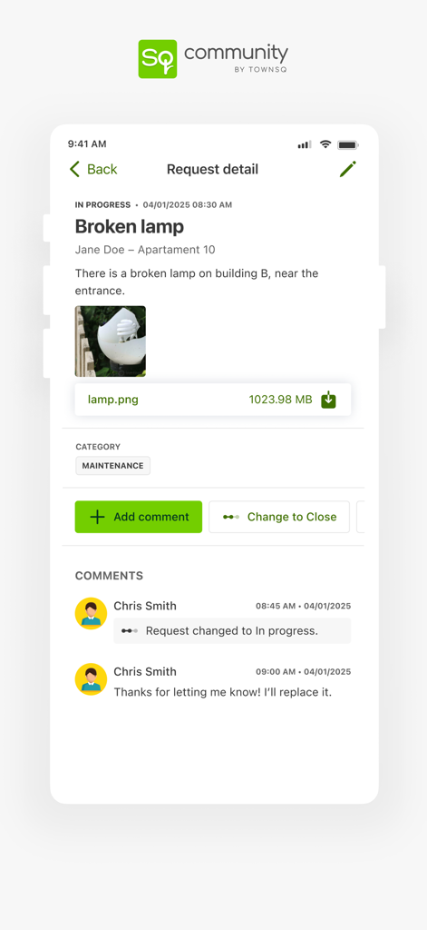 TownSq Community - TownSq Community app screenshot showing a maintenance request detail for a broken lamp with status updates and comments