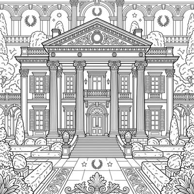 Step into a world of classical grandeur with this stunning Neoclassical Mansion coloring page. Perfect for architectural enthusiasts, this intricate design invites you to bring an opulent estate to life with your favorite colors.