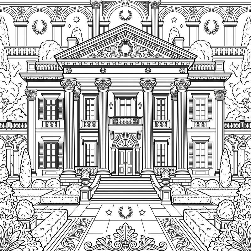 Step into a world of classical grandeur with this stunning Neoclassical Mansion coloring page. Perfect for architectural enthusiasts, this intricate design invites you to bring an opulent estate to life with your favorite colors.