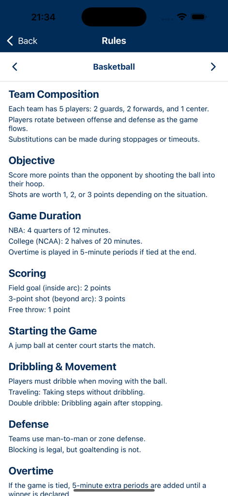 GoGreate Sport - Basketball rules overview on the GoGreate Sport app interface