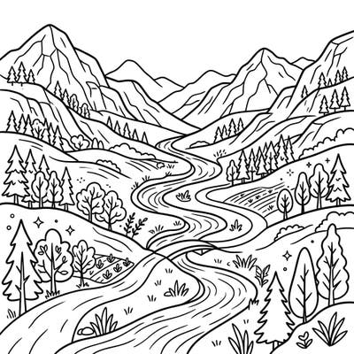 Unwind with this beautiful mountain valley coloring page, thoughtfully designed with clear lines and large areas for seniors to enjoy. Immerse yourself in a tranquil landscape of peaks, rivers, and lush trees, perfect for a relaxing creative session.
