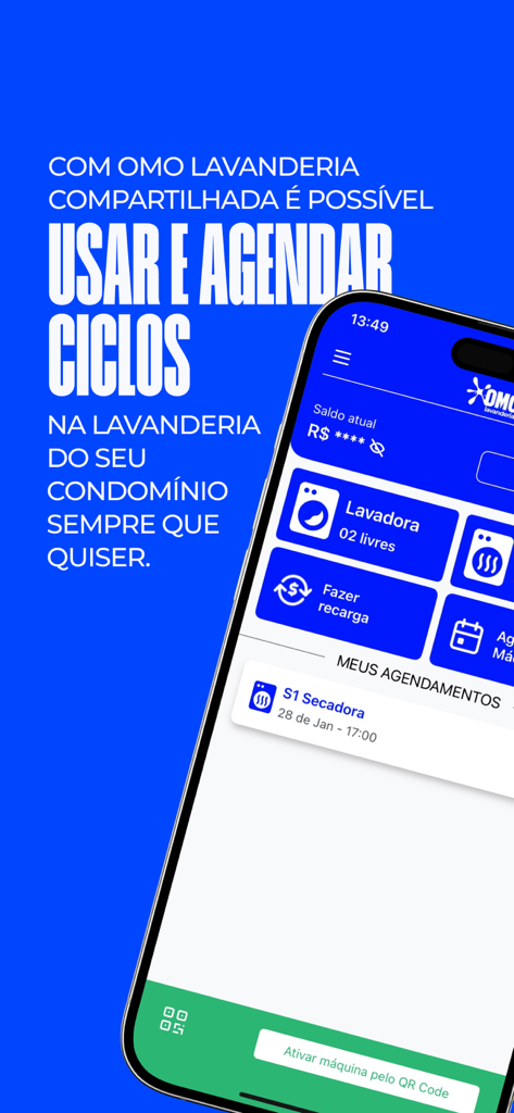 OMO Lavanderia - Oberfläche der OMO Lavanderia App mit Optionen zur Planung von Wasch- und Trocknungszyklen und zur Aktivierung von Maschinen über QR-Code.