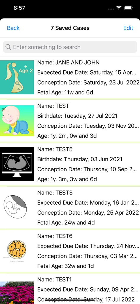 iFetal Pro +2 - A list of saved pregnancy and infant profiles in the iFetal Pro app showing names ages and due dates