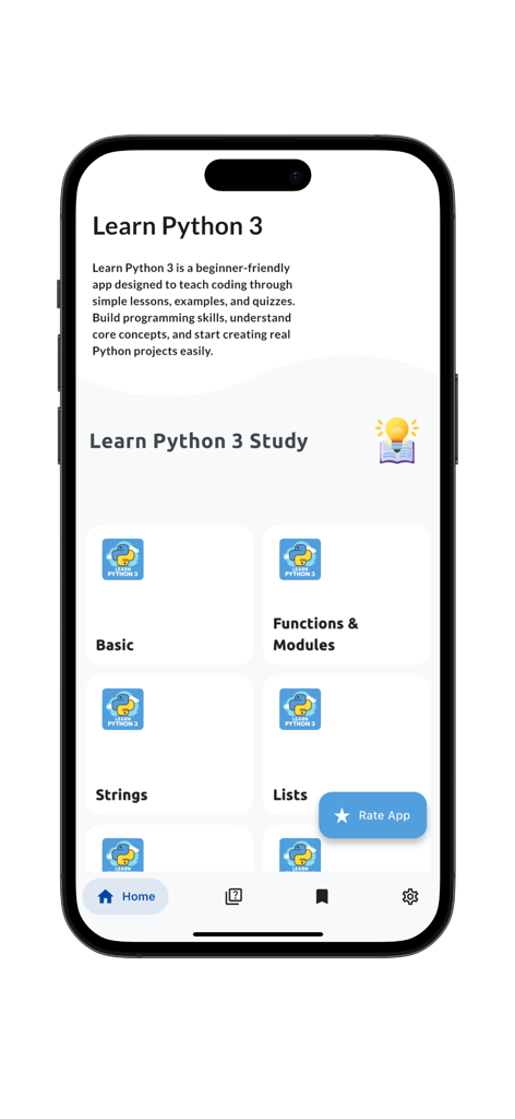 Learn Python 3 app home screen displaying study modules for beginners