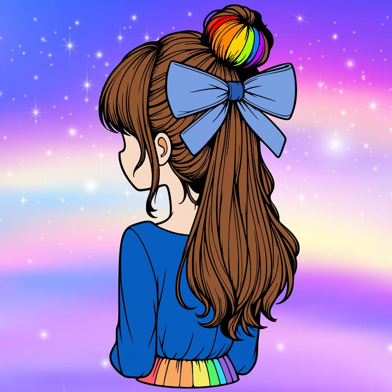 realistic girl  with hip length hair a bun and a big bow on the back of head