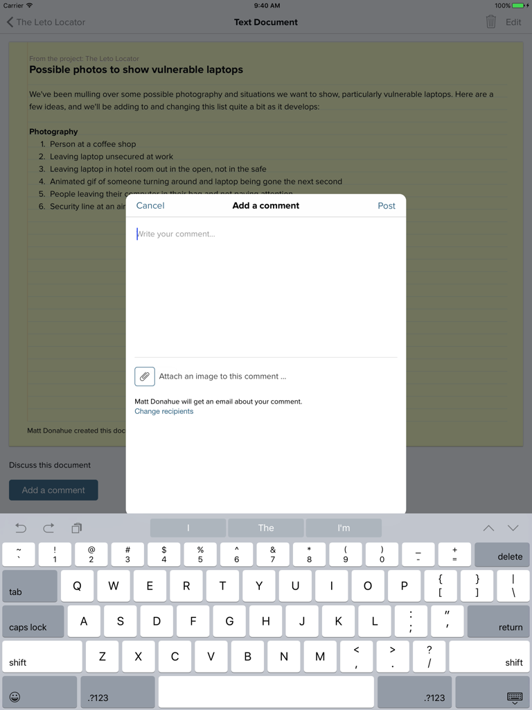 Basecamp 2 for iPad - Screen showing the add a comment modal and keyboard over a text document in Basecamp 2 for iPad.