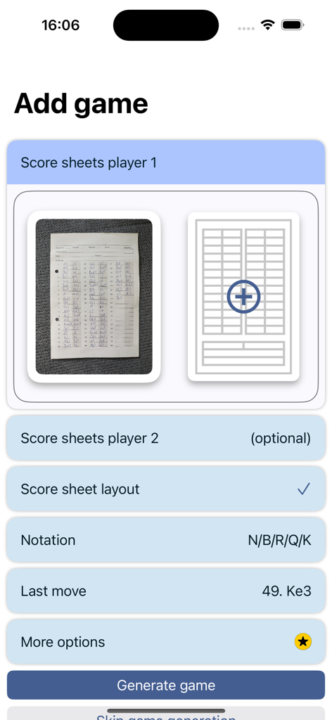 플레이어 세부 정보 및 표기법 설정을 포함하여 체스 점수 시트 추가 및 구성을 위한 인터페이스