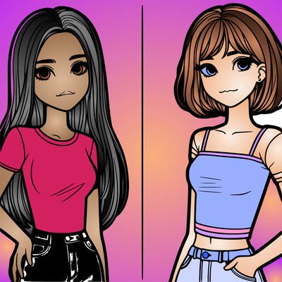 two realistic teen girls one taller with long hair and the other shorter with short hair