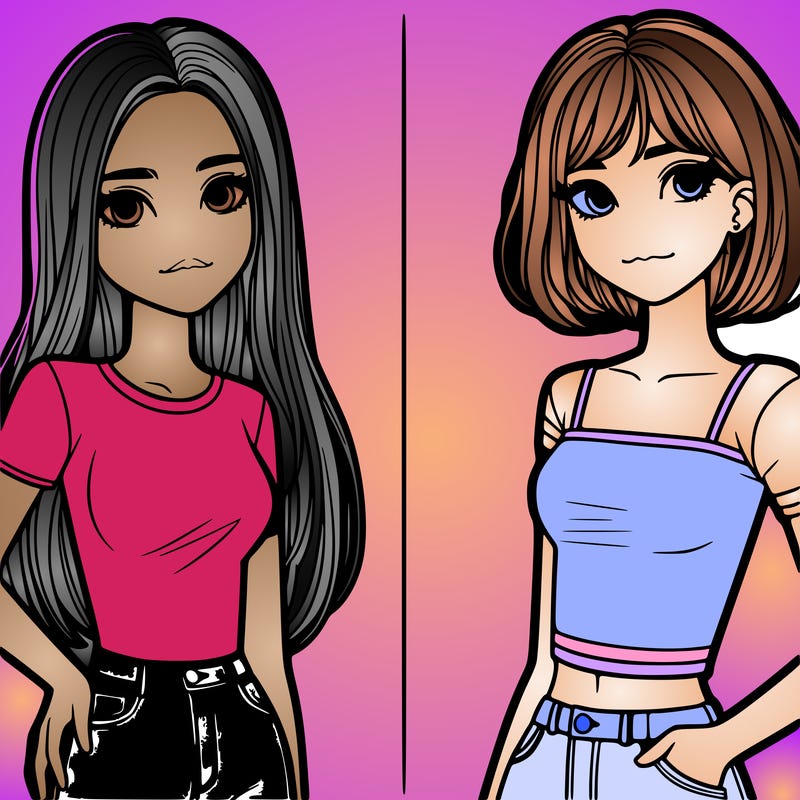 two realistic teen girls one taller with long hair and the other shorter with short hair
