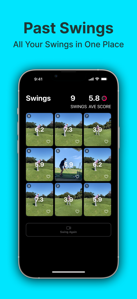 A mobile screen from the Sparrow Golf app showing a history of past swings with AI performance scores in a grid layout.