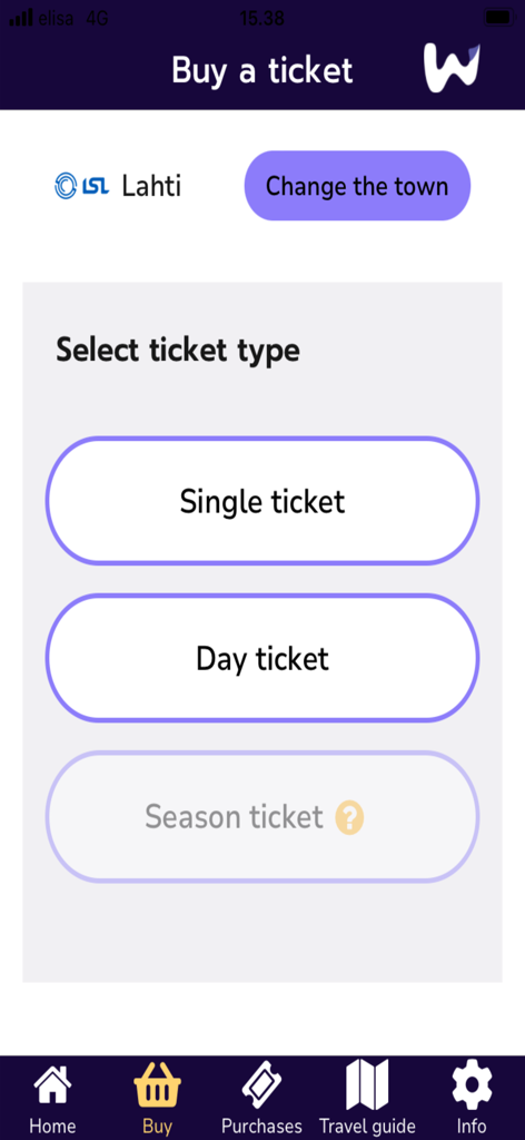 Waltti Mobile app interface showing ticket purchase options for Lahti including single ticket and day ticket