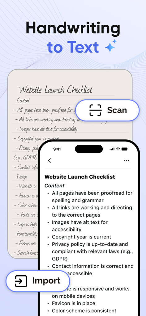 AI Notebook & Voice Memo - A smartphone scanning a handwritten checklist and converting it into digital text using AI OCR technology.