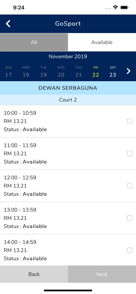 GoNet app sports facility booking screen with available time slots and court selection