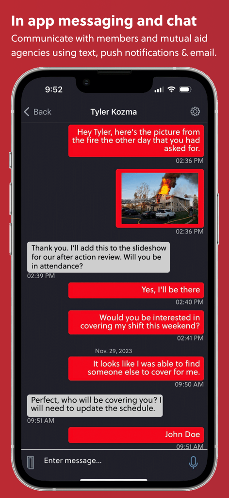 IamResponding (IaR) - Screenshot of the IamResponding app showing the in app messaging and chat feature with an image of a fire incident