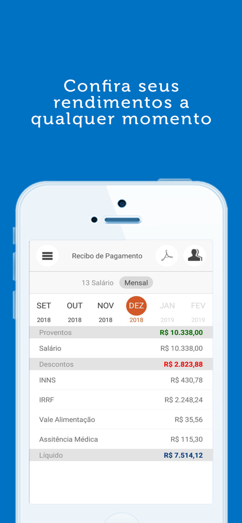Tela de smartphone exibindo um contracheque digital com ganhos e deduções no aplicativo de RH Gen.te Mobile.