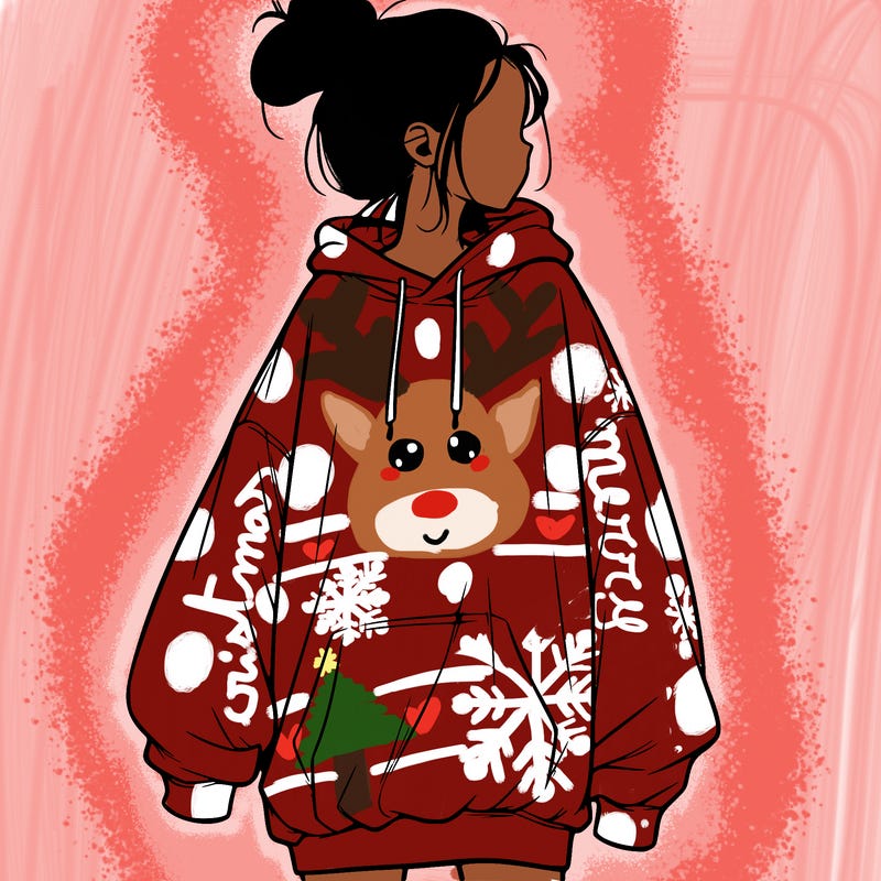 realistic girl with a oversized sweatshirt on and a bun