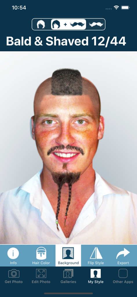 A man trying on a mohawk hairstyle and braided goatee using the hair and beard makeover app