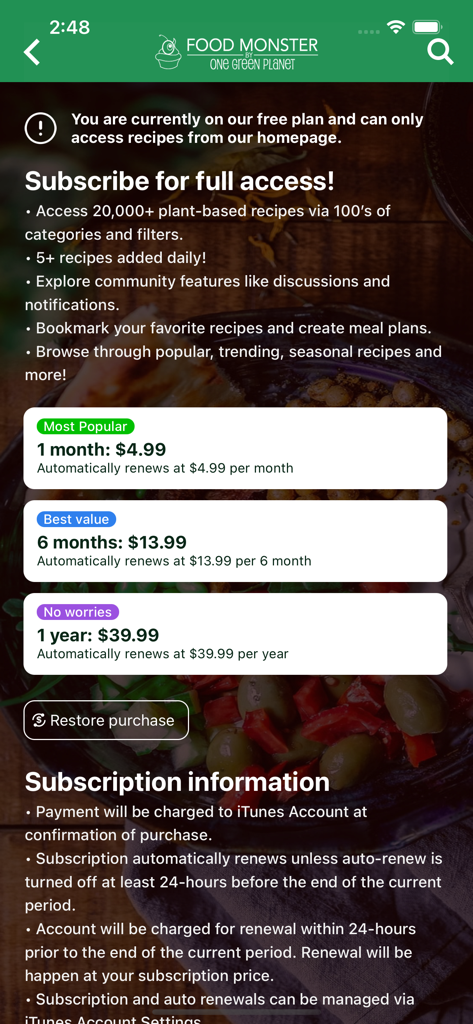 Food Monster - Vegan Recipes - Preços de assinatura e recursos premium para o aplicativo de receitas veganas Food Monster