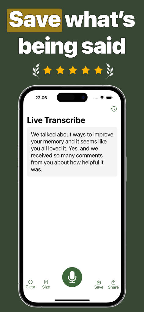 Live Transcribe Speech tо Text - Smartphone screen displaying the Live Transcribe app with a speech to text conversation and recording buttons.
