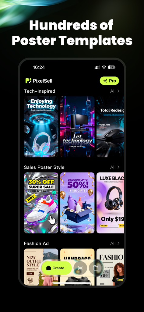 PixelSell-AI E-commerce Studio - Screenshot of the PixelSell app interface displaying various professional poster templates for tech sales and fashion ads