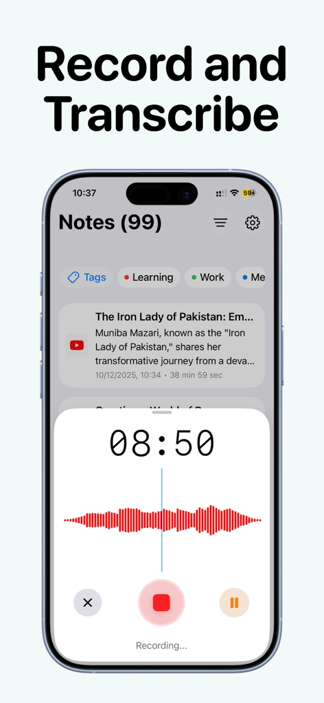 Noota - AI Note Taker - Smartphone screen showing the Noota app recording audio with a red waveform and a recording timer.
