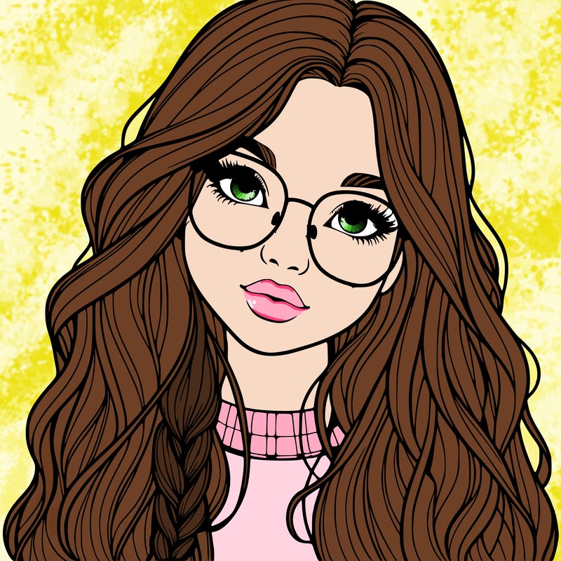 girl with long hair and freckles and glasses realistic