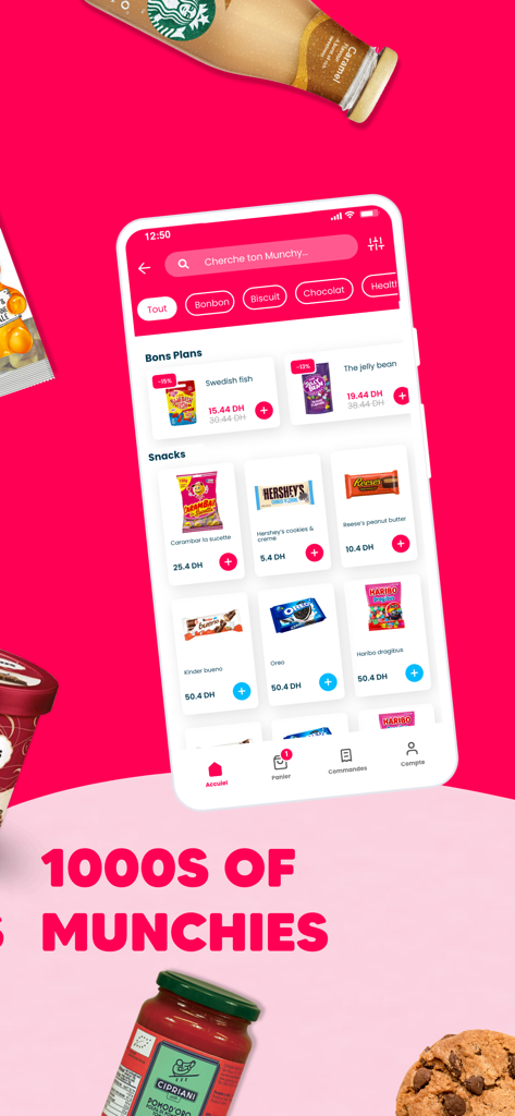 Munchy - Munchy mobile app screen showing snack categories like chocolate and candy for fast delivery.