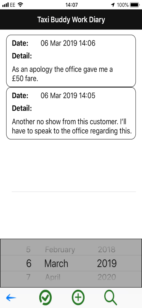 UK Taxi Buddy - Taxi Buddy Work Diary screen showing fare and customer notes with date selection