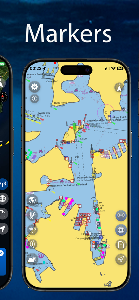 Sea Maps - Écrans de navigation de l'application Sea Maps montrant des courbes de profondeur océanique et des cartes satellites.