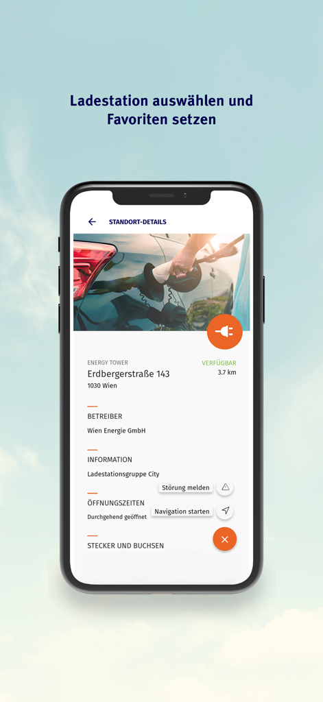 Wien Energie Tanke Business - Wien Energie Tanke Business app interface showing EV charging station details, availability, and navigation options.