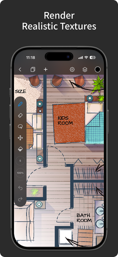 SketchFlow:  CAD Drawing - Planta baixa de design de interiores com texturas de materiais realistas no aplicativo SketchFlow
