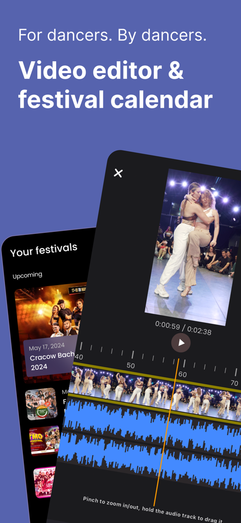 Oberfläche der ABCDancer-App mit einer Tanzvideo-Bearbeitungszeitleiste und einem Musikfestival-Kalender