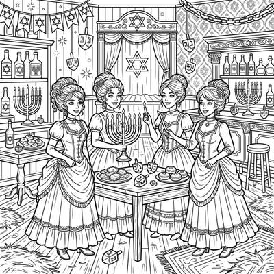 Discover a truly unique celebration with our Saloon Girls Hanukkah coloring page! Immerse yourself in a festive Wild West scene filled with menorahs, dreidels, and joyful merriment, ready for your creative touch.