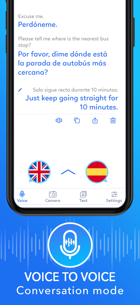 Translator : Voice Translate - Mobile App-Oberfläche, die eine Echtzeit-Sprach-zu-Sprach-Konversationsübersetzung zwischen Englisch und Spanisch zeigt