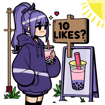girl with oversized hoodie drinking boba and she has a high ponytail with a sign that says 10likes?