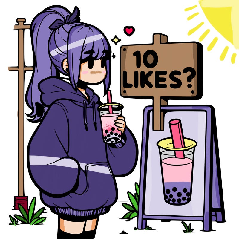 girl with oversized hoodie drinking boba and she has a high ponytail with a sign that says 10likes?
