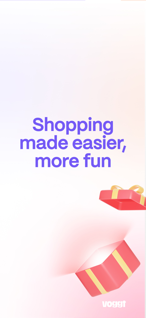 Voggt - Live shopping vidéo - 「ショッピングがより簡単に、より楽しく」というスローガンと、開いた赤いギフトボックスのイラストが特徴のVoggtアプリのマーケティングスプラッシュスクリーン。