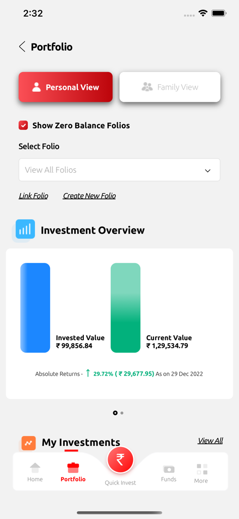 Nippon India Mutual Fund - Schermata del portafoglio dell'app Nippon India Mutual Fund che mostra una panoramica degli investimenti con grafici a barre comparativi per il valore investito e attuale.