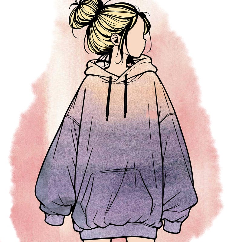 realistic girl with a oversized sweatshirt on and a bun