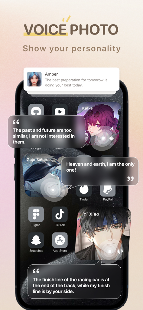 An iPhone home screen displaying voice photo widgets with anime character portraits and personalized quotes