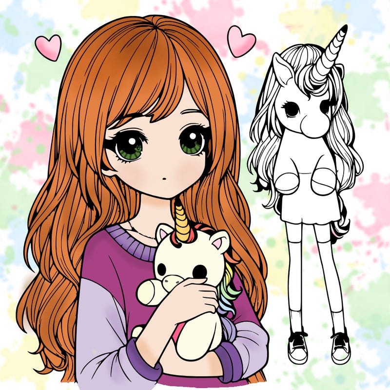 realistic girl holding a unicorn plushie