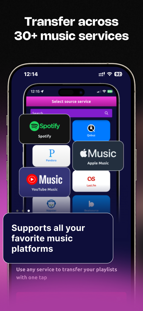 MusConv: Playlist Transfer - Interfaz de la app MusConv mostrando logotipos de plataformas musicales compatibles como Spotify y Apple Music para la transferencia de playlists