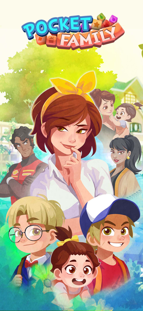 Ilustración colorida de diversos personajes animados del juego móvil Pocket Family, incluyendo una madre, niños y miembros de la familia.