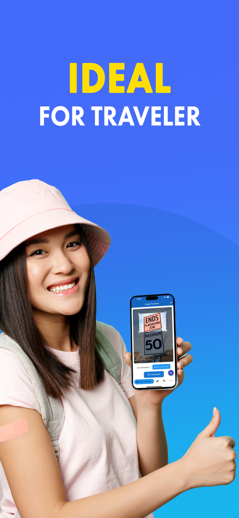 Una viajera sonriente sosteniendo un smartphone que muestra una traducción de imagen IA de una señal de tráfico